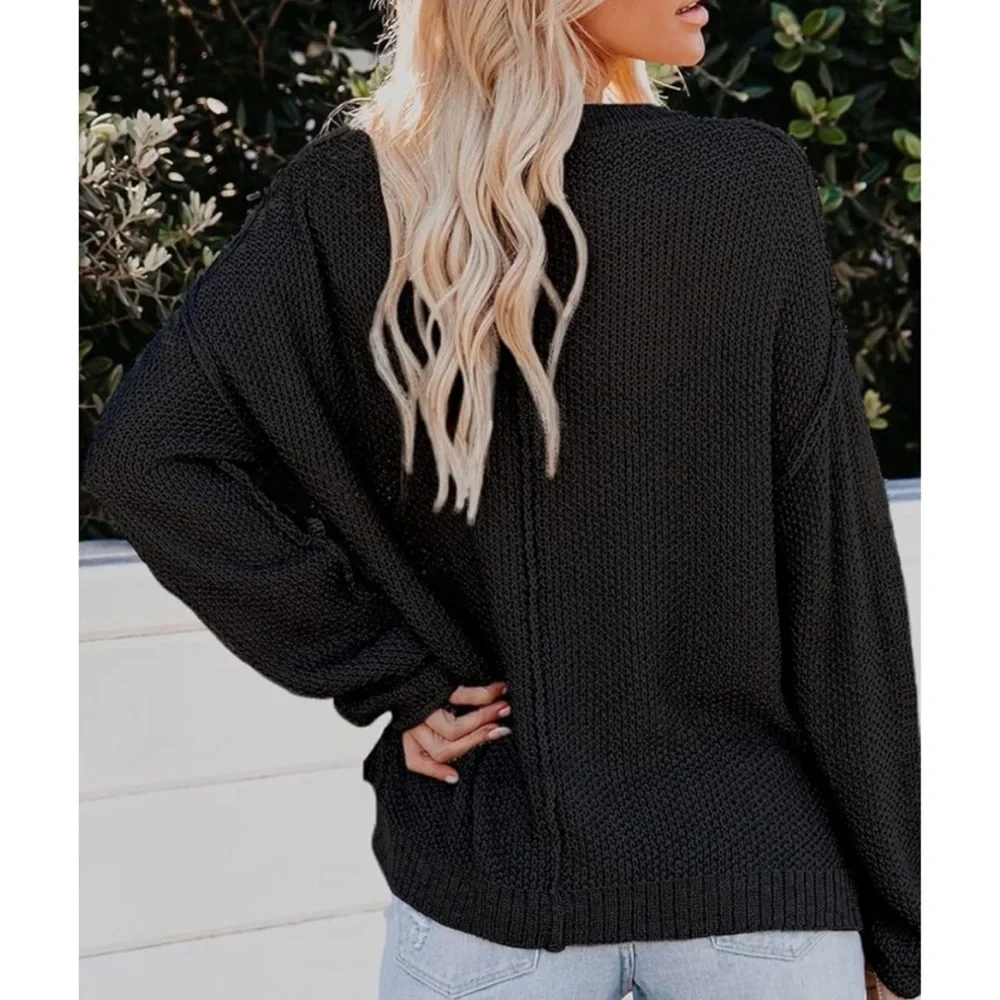 NEW Cable Knit Long Sleeve Button V Neck Pullover Henley Sweater Top Black - Picture 4 of 9